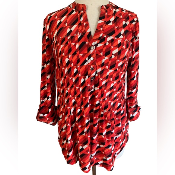 Tops Large Orange Red Poly Spandex Flannel 34 Sleeve